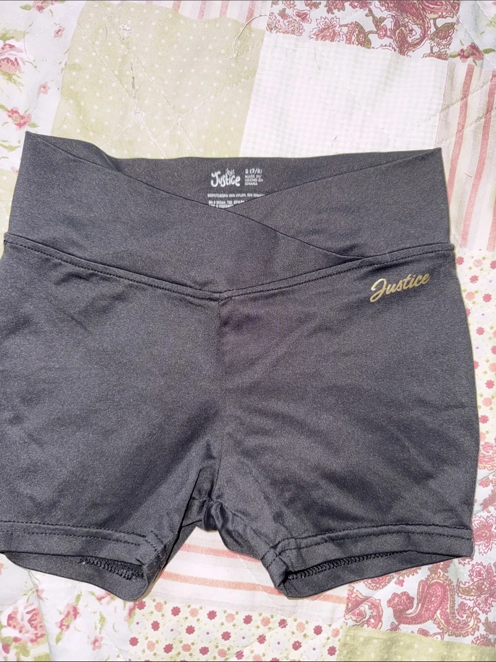 Justice Black Cross-Waist Bike Shorts with Gold Logo